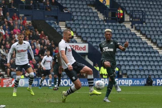 Patrick Bauer is fouled by Joelinton for Preston's second penalty against Newcastle