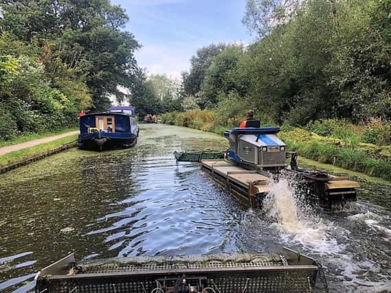 A Truxor weed-cutting boat clears duckweed north Preston
