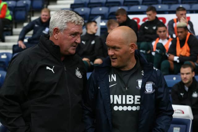 Preston boss Alex Neil with his Newcastle counterpart Steve Bruce at Deepdale