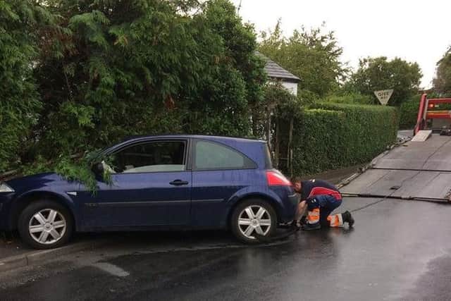 The car, which is not taxed or MOT'd, crashed into a metal barrier in School Lane, Lostock Hall at around 6.10pm on Thursday, August 1. Pic credit: Jean Berry