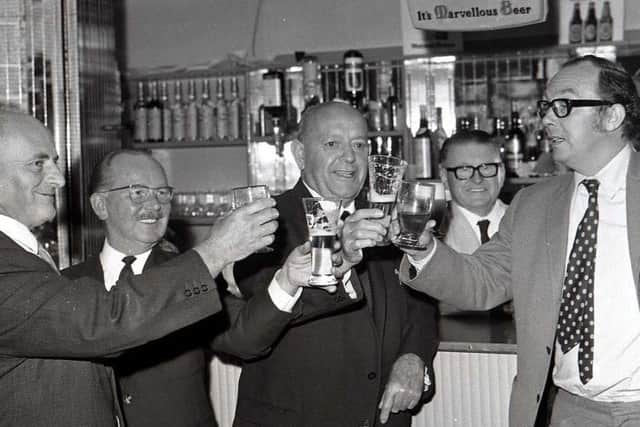 Eric Morecambe celebrates becoming president of Morecambe football club August 1969