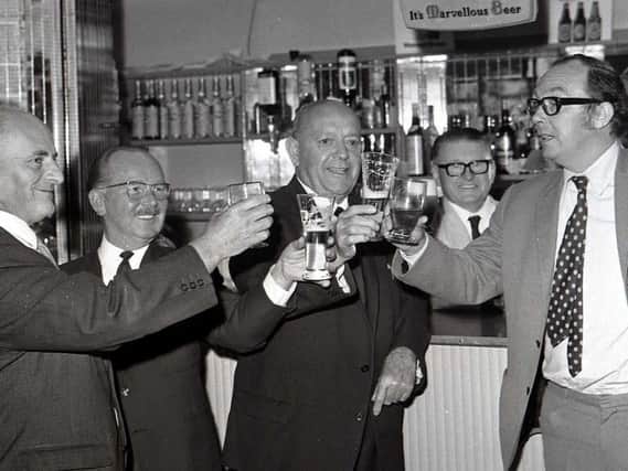 Eric Morecambe celebrates becoming president of Morecambe football club August 1969