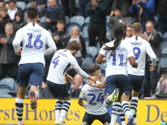 Sean Maguire celebrates giving Preston the lead against Wigan at Deepdale