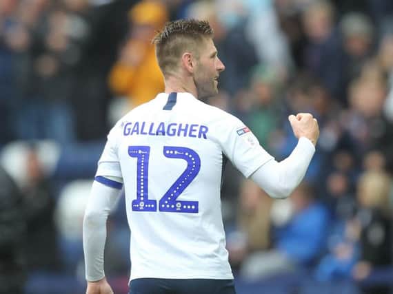 Paul Gallagher after scoring Preston's third goal against Wigan at Deepdale