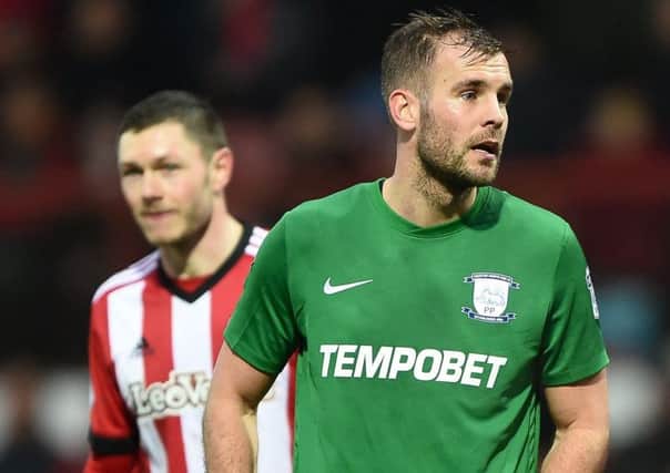 Tommy Spurr in action for Preston against Brentford at Griffin Park in February 2018