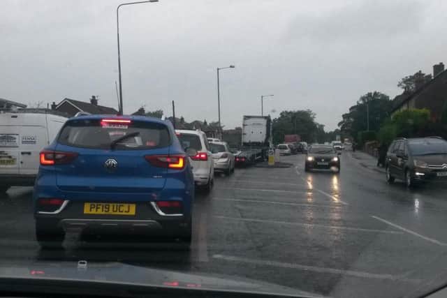 Traffic was queued on the A6 in Chorley, from Hartwood Hall roundabout to B & Q, during morning rush hour (August 16)