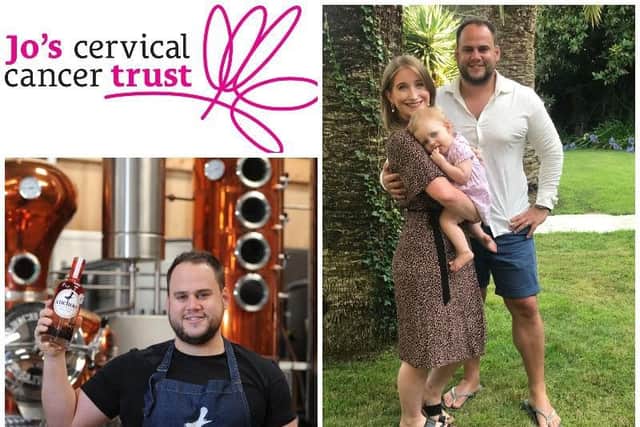 Bottom left: Mark Long of Brindle Distillery, right, Liz and Mark with their daughter Olive.