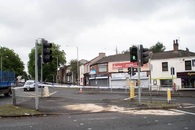 The crash has caused considerable damage to the pedestrian crossing island in Water Lane, Ashton