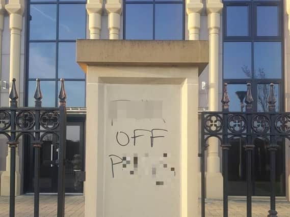 Racist graffiti written outside the Masjid E Salaam Mosque on Watling Street Road in Preston on April 19, 2019