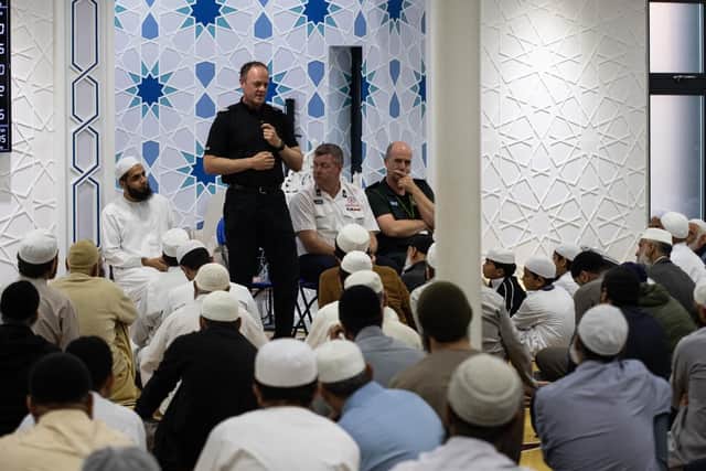 Assistant Chief Constable Terry Woods speaks to the worshippers at Quwwatul Islam Mosque, where he and Lancashire Police were praised for their active presence in the community