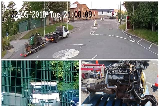 TOP: Ford Transit CV12CFX is stolen from a depot in Bolton.

BOTTOM LEFT: Ford Transit CV12CFX is driven along Alan Ramsbottom Way, Gt Harwood, towards Thomas and Mary Smith's yard.

BOTTOM RIGHT: The engine and gearbox from Ford Transit CV12CFX, is recovered from the yard of Thomas and Mary Smith during a police search.