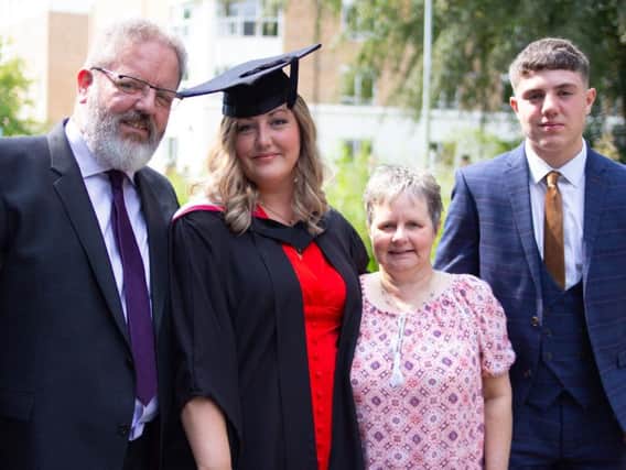 Laura McManus, who graduated at Lancaster Universitys Medical School, pictured with her dad, Chris McManus, her godmother Sharon Hodson and her son Byron, 13.