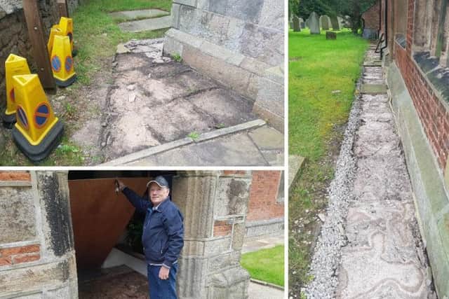 Churchwarden at St Michaels and All Angels Church, Jock Davidson, shows off the damaged caused (Photos: JPIMedia)