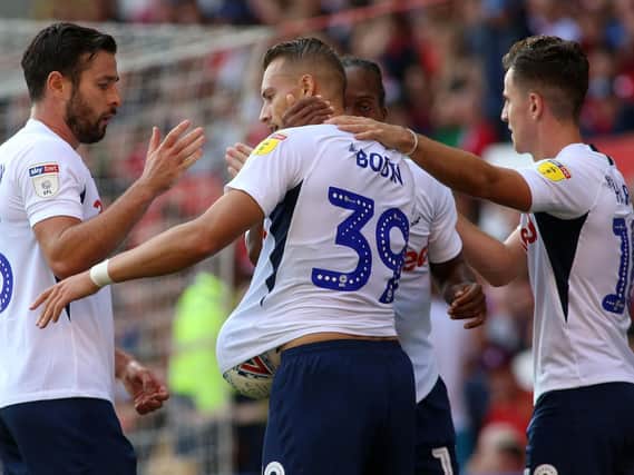 Billy Bodin is congratulated after giving PNE the lead at Nottingham Forest