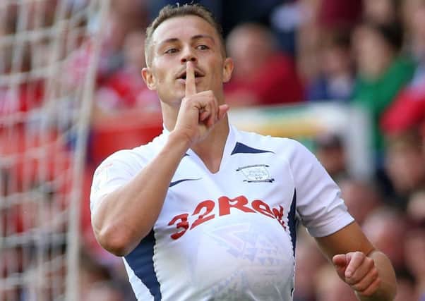Billy Bodin with the ball up his shirt after giving Preston the lead at Nottingham Forest