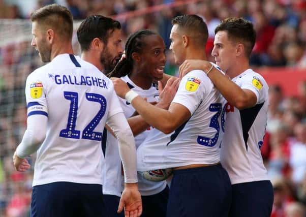 Billy Bodin is congratulated after scoring for PNE at Nottingham Forest