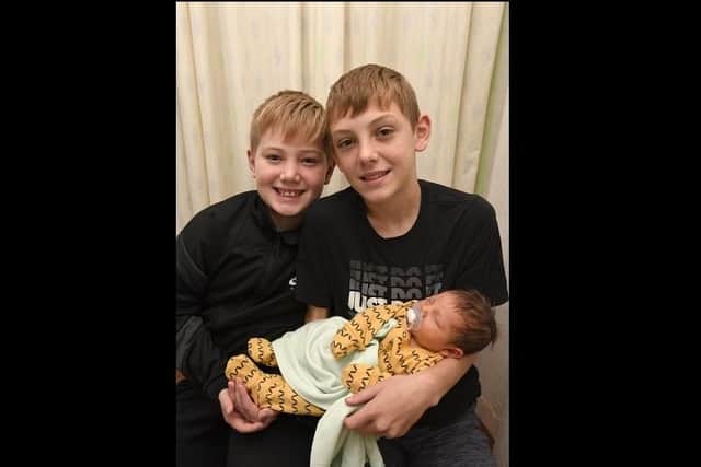 Eddie-Joe Haworth born on August 17 at 3.36pm weighing 7lb 12oz to Jo Anne and Paul Haworth from Chorley. Eddie-Joe is pictured with his older brothers Ryan Haworth, 11, and Louis Haworth, 12