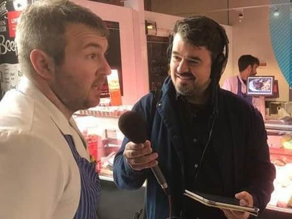 The BBCs Chris Warburton with butcher Sam Livesey. Pic: BBC 5 Live