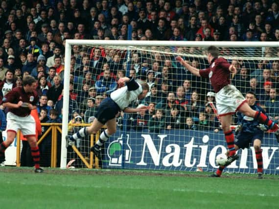 David Moyes heads Preston's equaliser against Bury in front of the Town End in March 1997