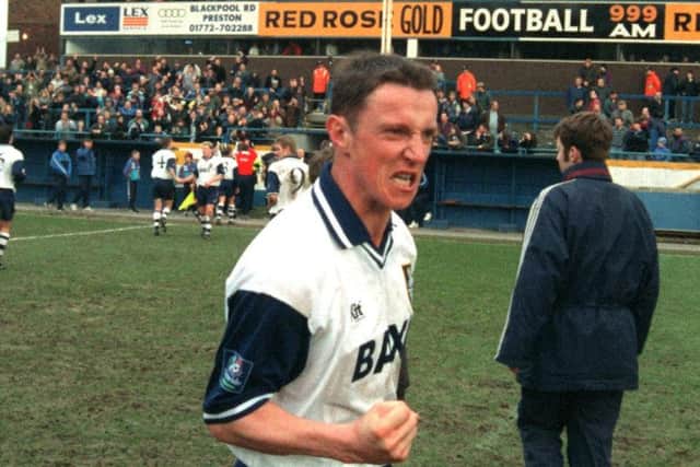 Ian Bryson celebrates Preston's comeback win against Bury in March 1997