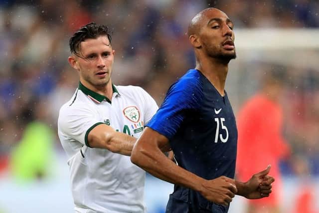 Browne up against France's Steven Nzonzi (right) on international duty with the Republic of Ireland
