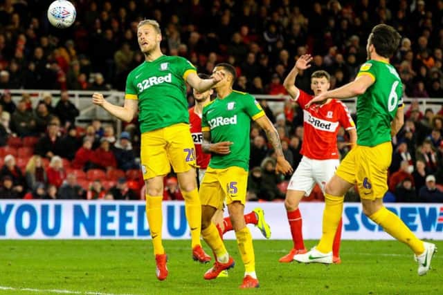 Jayden Stockley heads Preston's winner at Middlesbrough in March - the last time PNE had taken league points on the road until the Nottingham Forest game
