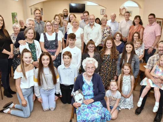Marion Needham celebrates her 100th birthday at the Leyland Pentecostal Church with friends and family