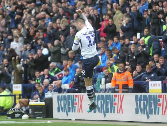 Paul Gallagher celebrates his goal against Wigan in August