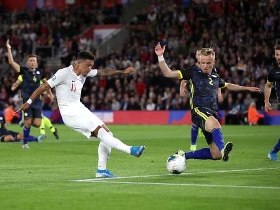 Jadon Sancho fires home England's fourth goal against Kosovo at Southampton