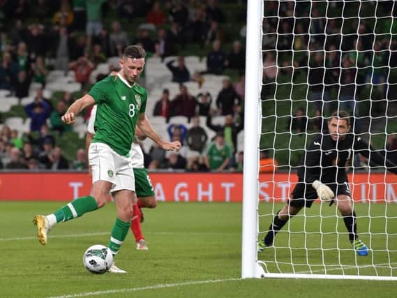 Alan Browne scores for the Republic of Ireland against Bulgaria