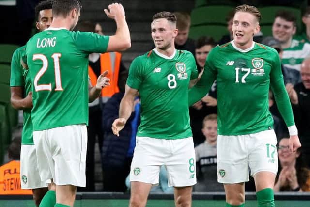 Alan Browne is congratulated after scoring for the Republic of Ireland against Bulgaria at the Aviva Stadium