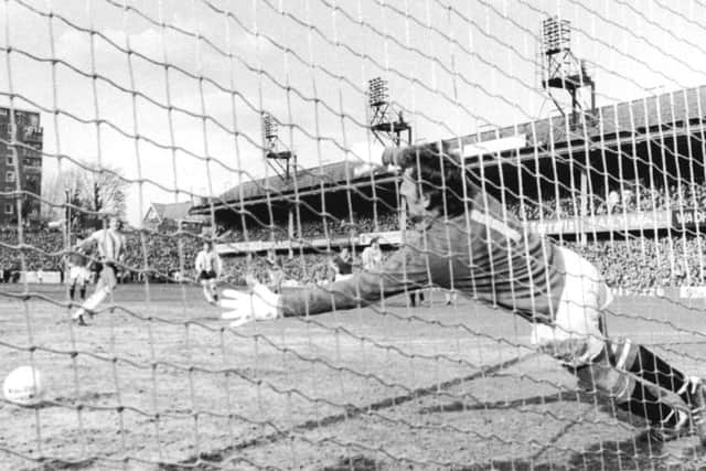 Alexd Stepney faces a penalty against Southampton at The Dell in the FA Cup in February 1977