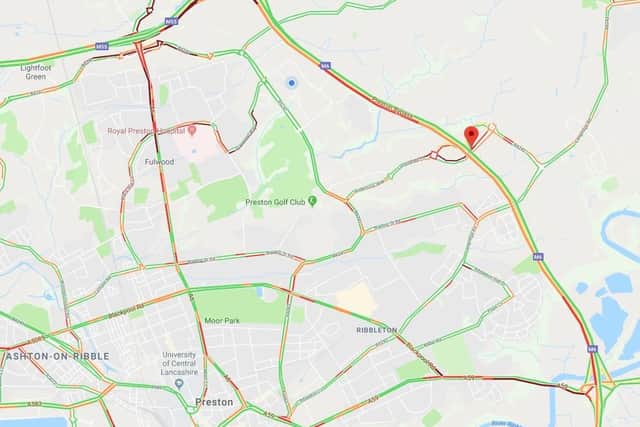 This map shows live traffic delays caused by the ongoing works at Bluebell Way, off M6 31a (red pointer). Motorway traffic is backed up to Bamber Bridge