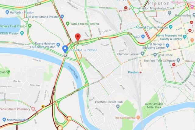 This map shows live traffic conditions for the affected routes in Penwortham and Preston following a four-car crash at around 8am this morning (September 18)