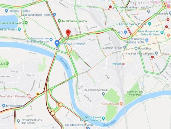 This map shows live traffic conditions for the affected routes in Penwortham and Preston following a four-car crash at around 8am this morning (September 18)