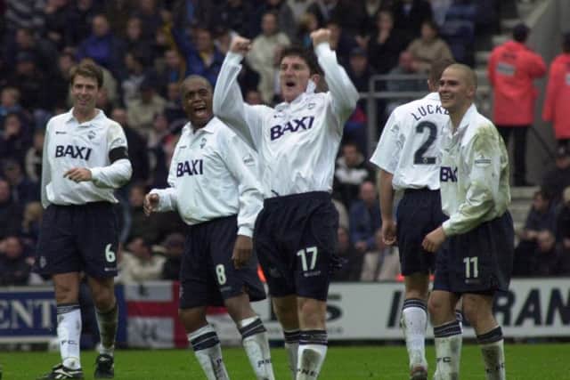 Preston striker Jonathan Macken celebrates scoring from 45 yards against Manchester City at Deepdale in October 2001