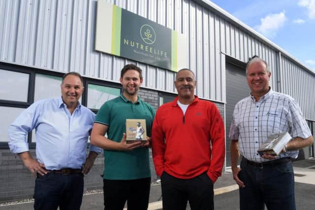 Decathlete Daley Thompson at Nutree Life to launch a range of clean label protein bars, with Gary Barnshaw, Adam Hodgkinson and Patrick Mroczak