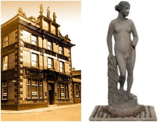 The rooftop statues were rescued when the Port Admiral pub  was demolished in 1969. Prestons Crown Court building now stands on the site.