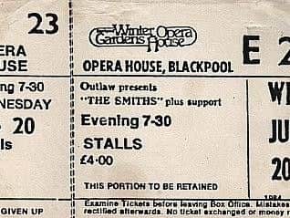 Stephen Christian's ticket for seat E23 for The Smiths' Blackpools Winter Gardens gig on June 20, 1984. There were several tickets for this seat as he made several copies of it.