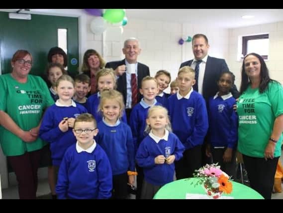 The Residents Group at Clayton Brook Chorley held a Macmillan coffee morning for Clayton Brook School, Paul McNeilly from Places For People and Sir Lindsay Hoyle.