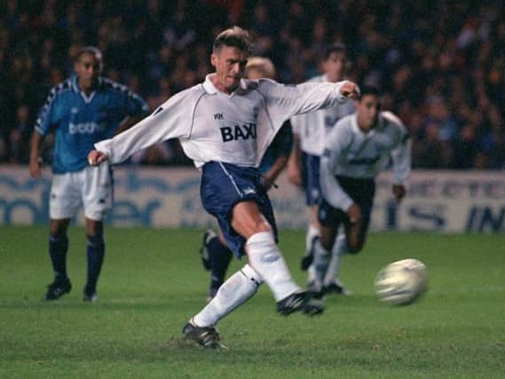 Gary Parkinson scores Preston's winner from the penalty spot against Manchester City at Maine Road