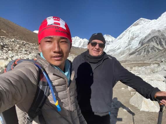 Andrew Turner MBE, right, at Everest Base Camp along with his guide