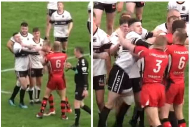 The incident before the sucker punch, which saw the Langworthy Reds' No .3 swing for the Chorley Panthers No. 5 (left), leading to the Panthers No. 5 retaliating (right)
