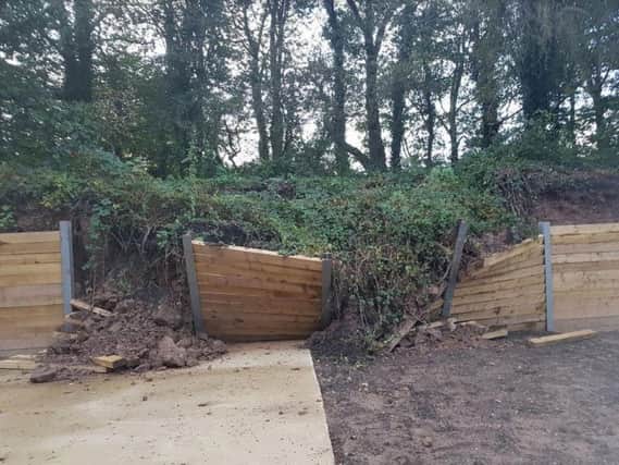 Damage to the new retaining fence at Penwortham Residential Park, Stricklands Lane.