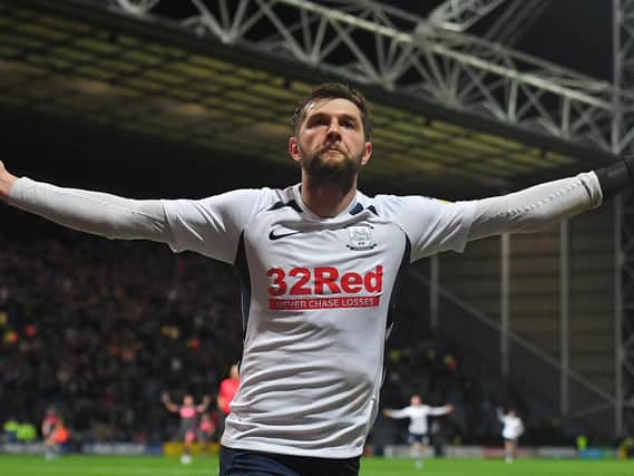 Tom Barkhuizen celebrates giving Preston the lead against Leeds at Deepdale