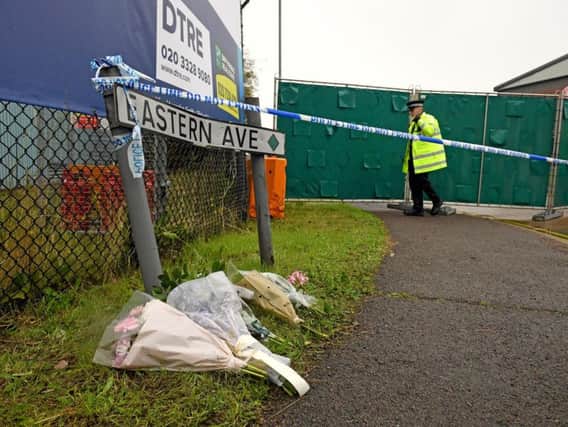 Floral tributes at the Waterglade Industrial Park in Grays, Essex