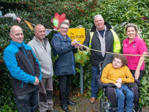 Opening of the Creative Space sensory woodland walk (from left) Jason Clark, Steve Farnworth (both of the Kirkham Prison Team), John Gillmore (BBC Radio Lancs), Pete Marquis (fundraiser & businessman) Creative Space Centre ManagerJane Robinson, and Jane's daughter Emily.