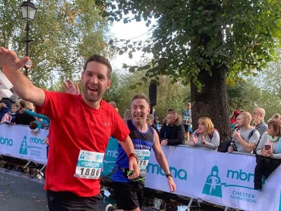 Clark Crosby (right in Rosemere running vest), of Lostock Hall, took part in the Chester Marathon for Rosemere in memory of his dad Ian, with friend Gareth Wilkinson, of Clayton-le-Woods