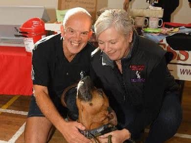 Louise Butcher and Peter Horner of Homeless Hounds with Dexter.