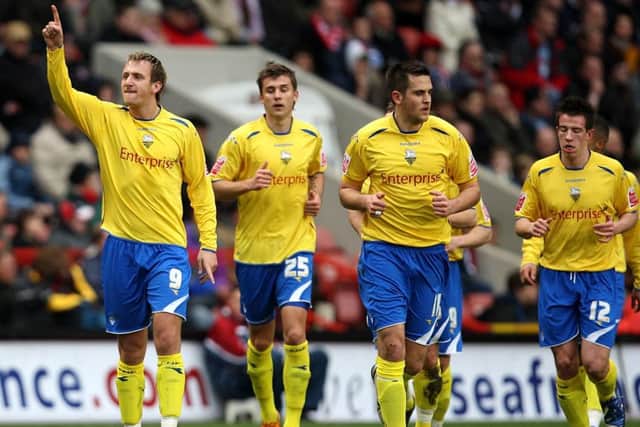 Chris Brown (left) celebrates his first goal against Charlton in Match 2008 with PNE team-mates Tamas Priskin, Darren Carter and Sean St Ledger
